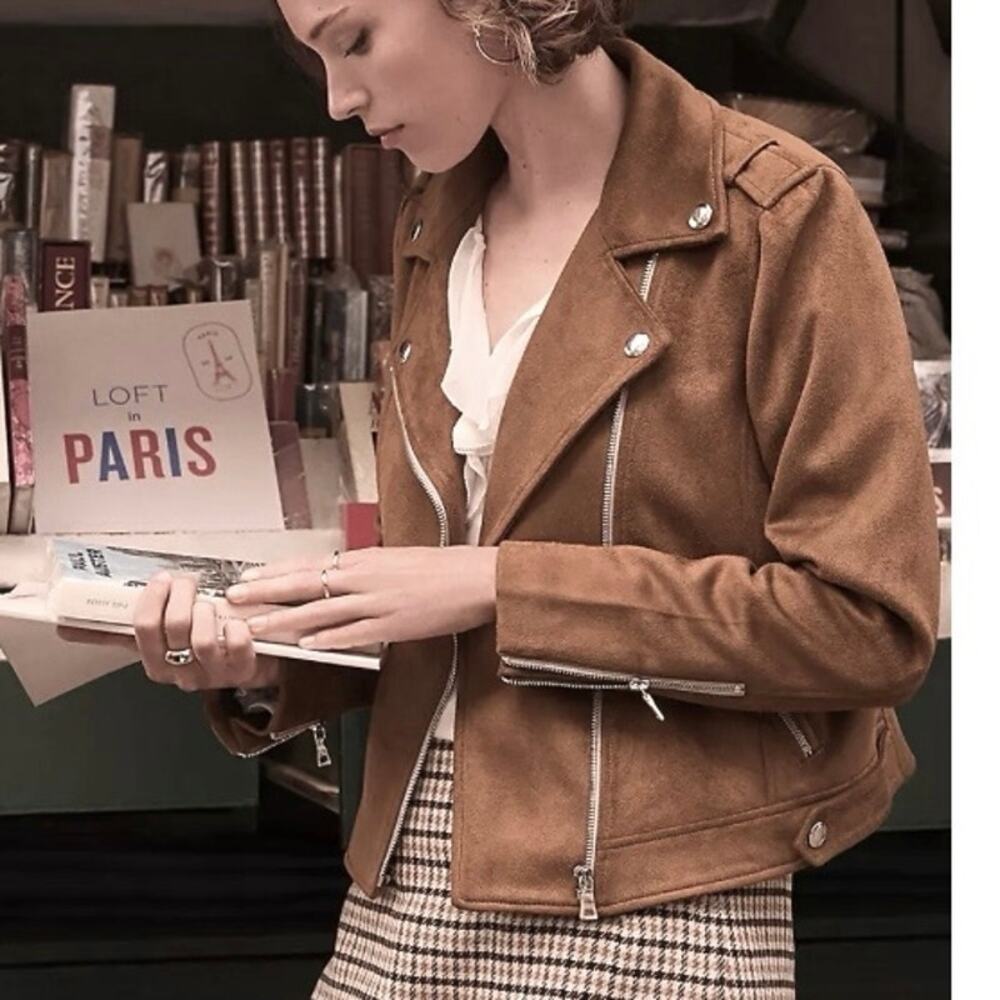 Loft Faux Suede Moto Jacket - Camel brown Size Large